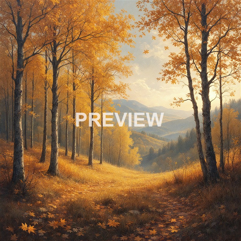 A scenic autumn landscape featuring a dirt path winding through a forest of tall trees with orange and yellow leaves, set against distant rolling hills and a partly cloudy sky.